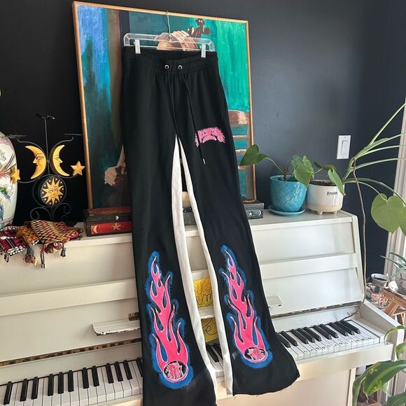 Rockstar Original Size M Flame Track Pants Stacked Flared Leg in Black - Picture 7 of 14